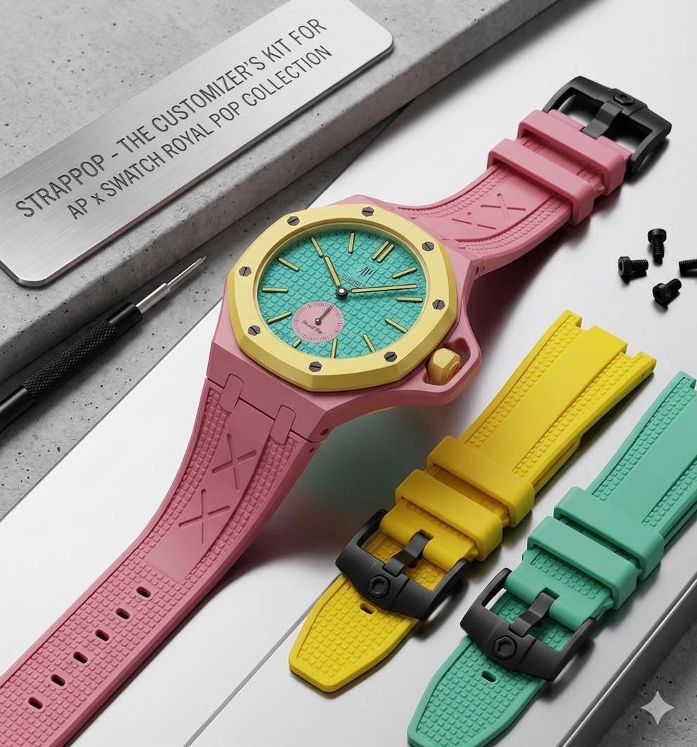 Royal Pop watch with pink, yellow and mint handcrafted straps